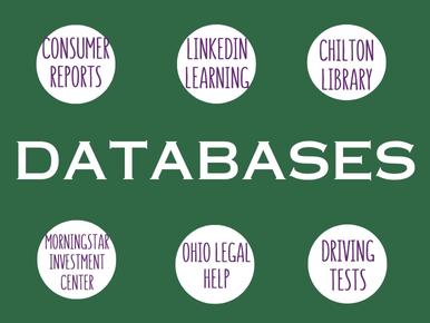 Databases, consumer reports, LinkedIn Learning, Chilton library, Morningstar Investment  Center, Ohio Legal Help, Driving Tests