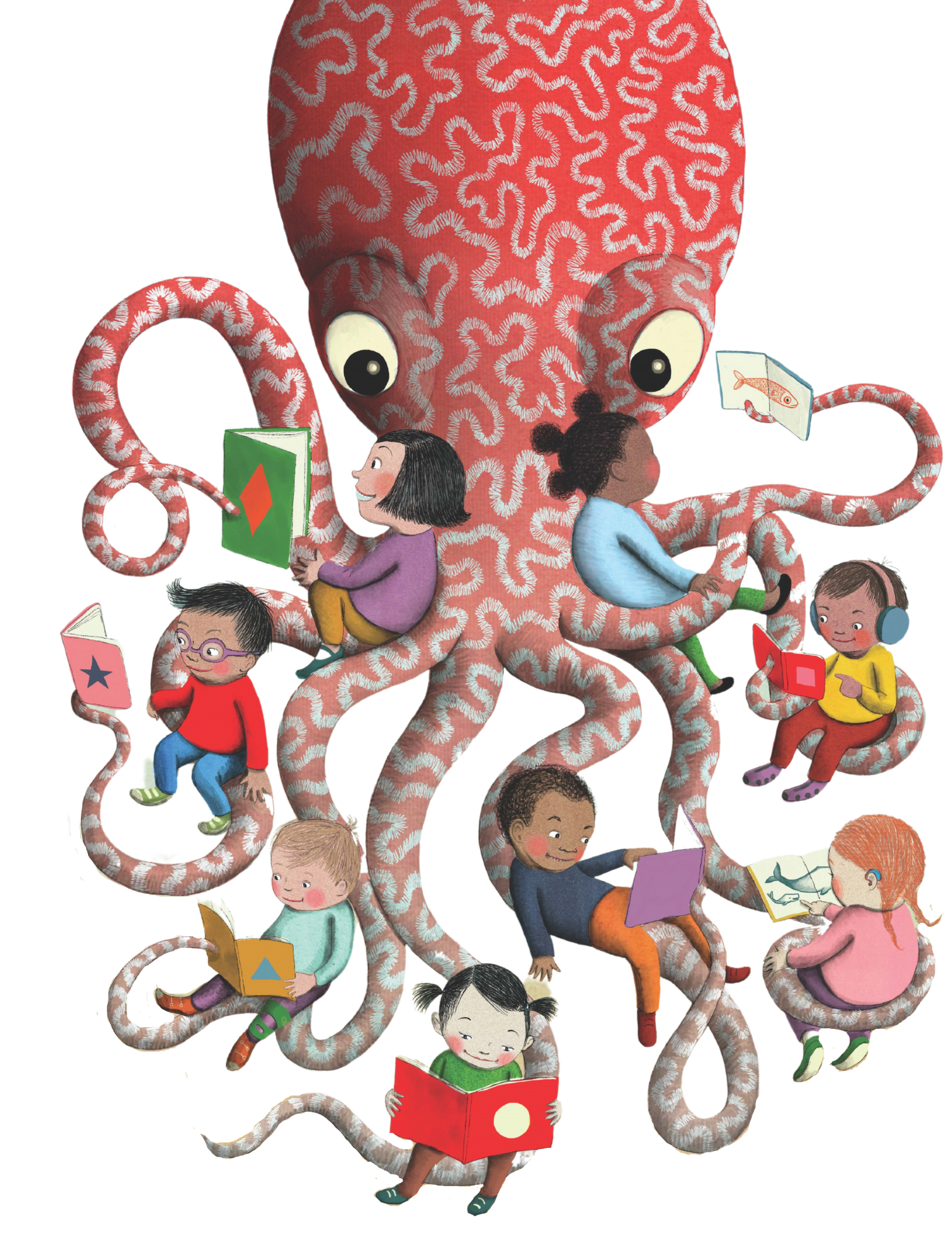 Octopus holding children while reading